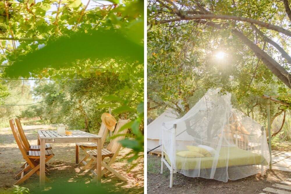 Ιδιωτικό μπάνιο κοντά στην bell tent. Βιβλιοθήκη και κουζίνα κοινόχρηστοι χώροι εξωτερικοί